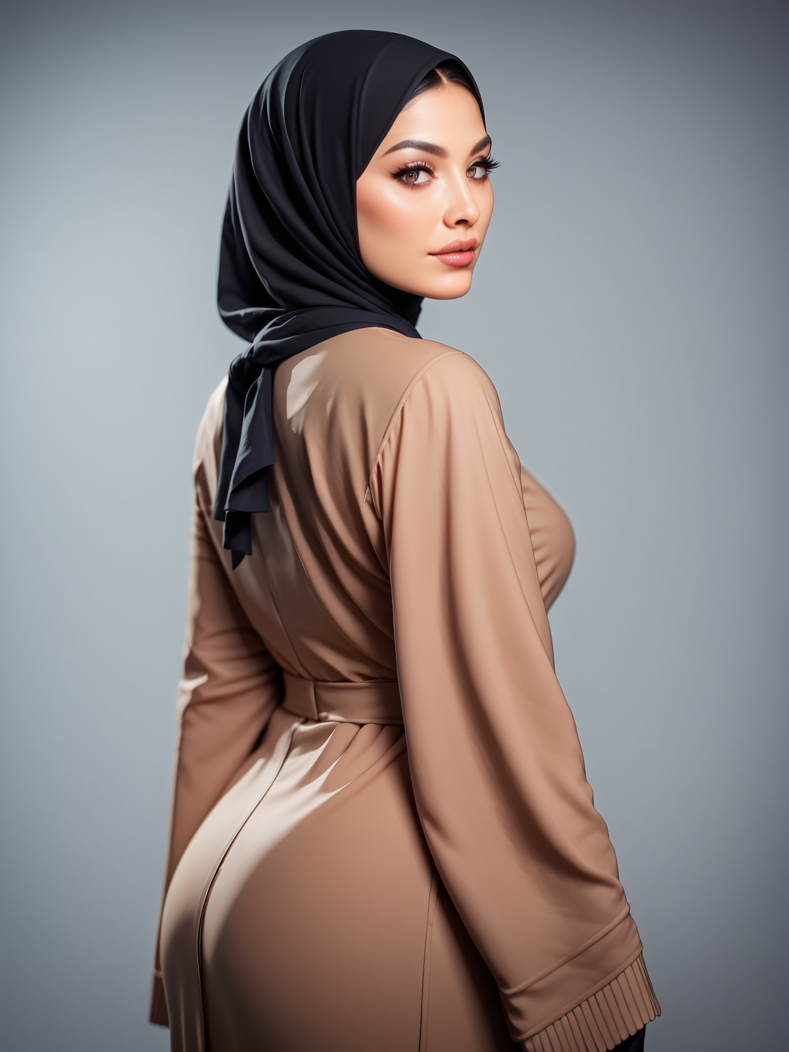 score_9, score_8_up, score_7_up, score_6_up, score_5_up, source_anime BREAK
black hij4b  with gold treams, <lora:hijabPony:0.9> brown robe , portrait, face focus, looking back, beautiful face, cinematic,  depth of field,