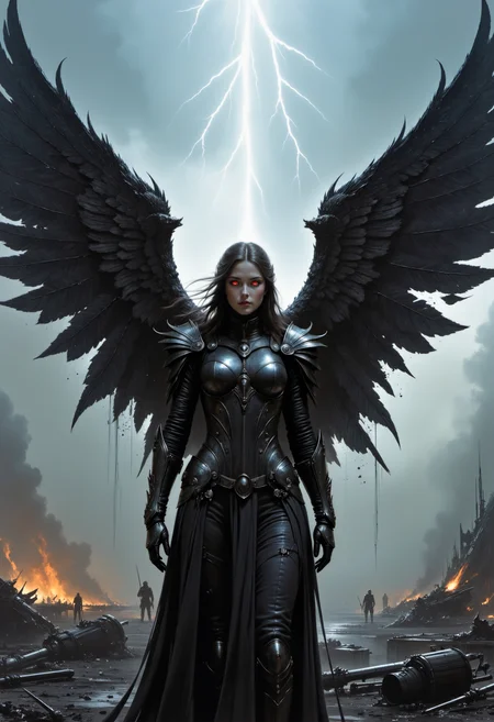 A dark angel with black, tattered wings, standing in the middle of a stormy battlefield. Her armor is cracked and worn, but her eyes burn with determination. Lightning strikes in the background, illuminating the chaotic scene for a split second. The battlefield is littered with broken weapons and fallen soldiers, and the air is thick with smoke. Dark fantasy, hyper-realistic, high-detail, dramatic lighting <lora:artisketchyfs-v02:1.0>