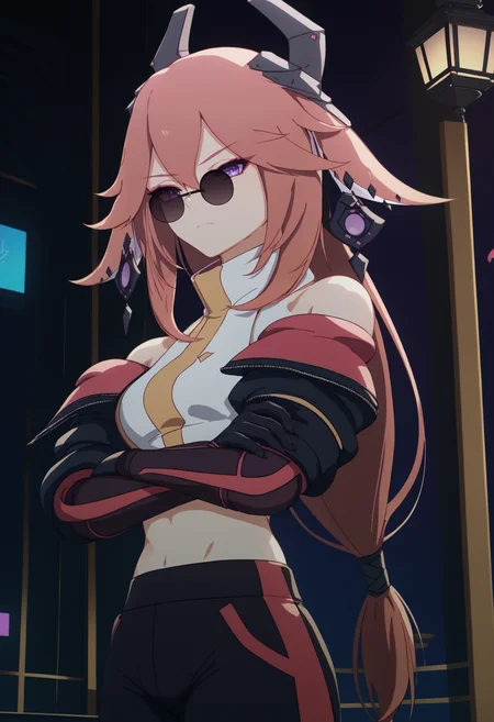 score_9, score_8_up, score_7_up, 1girl, <lora:YaeMikoProgenitor_pdxl_Incrs_v1:1>, solo,
yaemiko, pink hair, long hair, purple eyes, hair between eyes, fox ears, medium breasts, earrings, jewelry, headgear, horns, sunglasses, pince-nez,
looking over eyewear, looking at viewer, closed mouth, standing, cowboy shot, crossed arms,
turtleneck, crop top, bare shoulders, black jacket, cropped jacket, midriff, black gloves, black track pants,