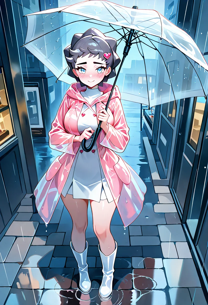 masterpiece, best quality,  curvy, beautiful eyes, narrow waist, wide hips, smile, looking at viewer, dynamic angle, foreshortening, close up,    zzDiantha, diantha (pokemon), blue eyes, grey hair, short hair, makeup, eyeshadow,  <lora:DianthaPokemon_IXL:1.0>  [Rainy Day Muse], oversized raincoat, pastel raincoat, transparent panels, striped umbrella, heart hair clips, rain boots, pink blush, teary eyes, rainy city, wet pavement, café background, wistful mood,