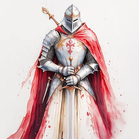<lora:WatercolorSDXL2:1> ArsMJStyle, Watercolor, Knight, A watercolor painting of a knight holding a sword., weapon, sword, solo, armor, helmet, cape, gauntlets, traditional media, knight, red cape, holding, holding weapon, holding sword, breastplate, belt, ambiguous gender, full armor, shoulder armor, painting (medium), white background, intense