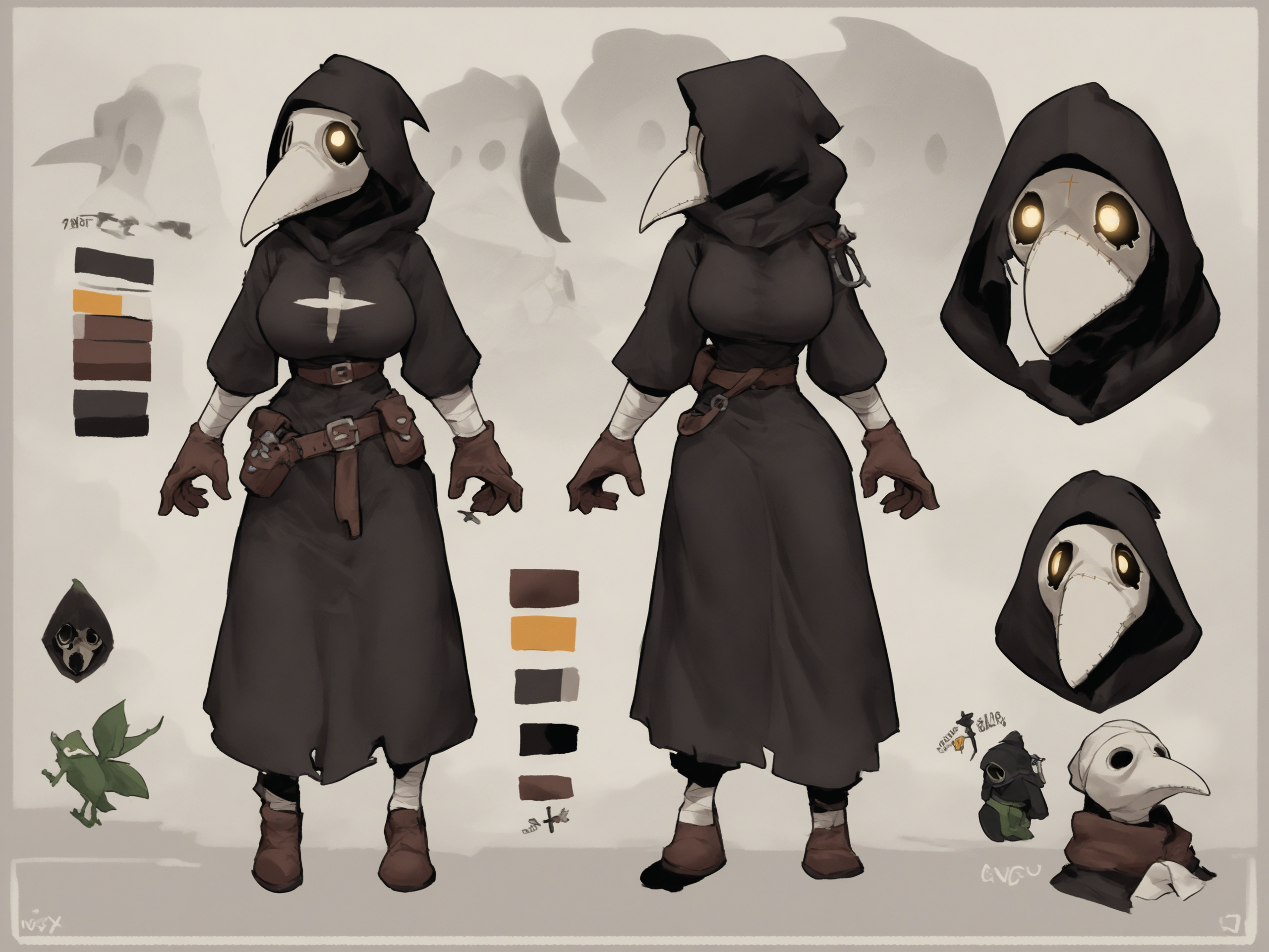 score_9, score_8_up, score_7_up, score_6_up, score_5_up, score_4_up, source_furry, plague doctor, 1girl, solo, hood, mask, gloves, faceless, plague doctor mask, tall, bandage, breasts, full-length portrait, full body, model sheet, multiple expressions, 
<lora:plaguedoctor_pdxl_:1>