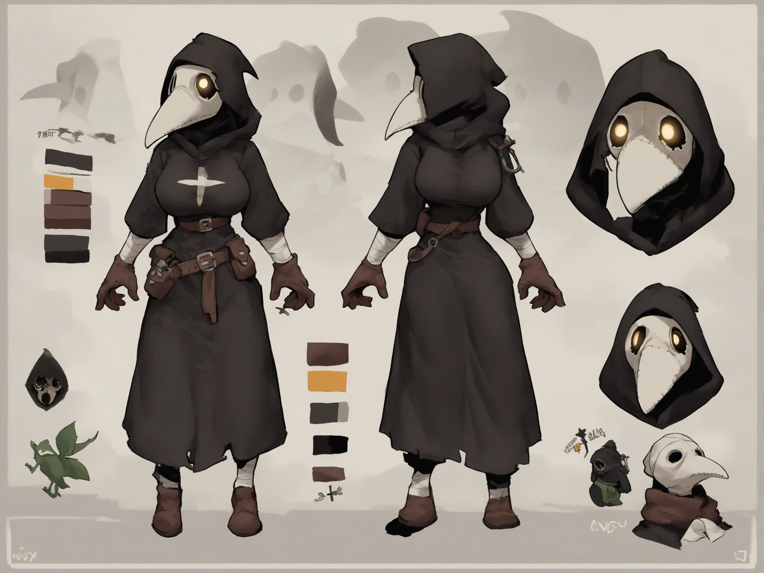 score_9, score_8_up, score_7_up, score_6_up, score_5_up, score_4_up, source_furry, plague doctor, 1girl, solo, hood, mask, gloves, faceless, plague doctor mask, tall, bandage, breasts, full-length portrait, full body, model sheet, multiple expressions,
<lora:plaguedoctor_pdxl_:1>