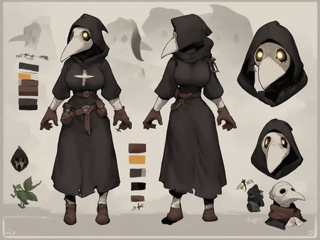 score_9, score_8_up, score_7_up, score_6_up, score_5_up, score_4_up, source_furry, plague doctor, 1girl, solo, hood, mask, gloves, faceless, plague doctor mask, tall, bandage, breasts, full-length portrait, full body, model sheet, multiple expressions,
<lora:plaguedoctor_pdxl_:1>