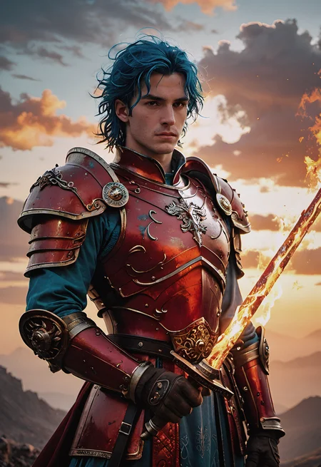 score_9,score_8_up,score_7_up,score_6_up, 1boy,fantasy warrior,shiny armor,black-red armor,holding a large flaming sword,messy hair,blue hair,aggressive stance BREAK Mountain top,sunrise,volumetric lighting,colorful clouds BREAK Masterpiece,intricate details,trending on artstation,Absurdres,EZRealPONYXL,professional composition,focused,, score_9, score_8_up, score_7_up, score_6_up,