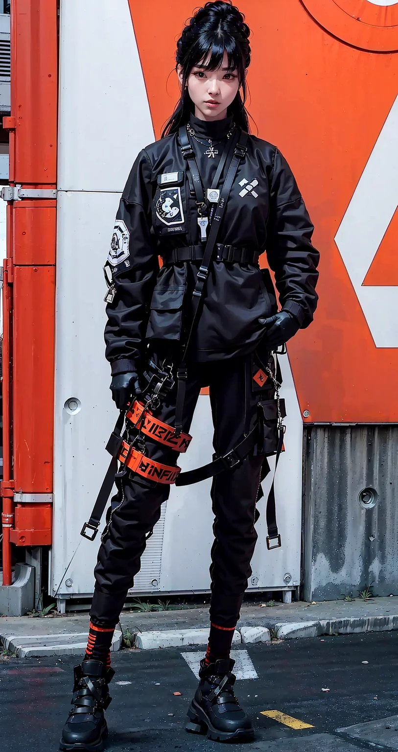 (original: 1.2), (far shot), (realistic: 1.3) (mixed Korean), masterpiece, best quality, beautiful clean face, fullbody, 1girl, teenager, wearing black techwear jacket and orange trousers with buckle and tape, (crystal necklace), posing for a picture, (red braided bun), long legs, big happy warm smile, carrying a white backpack, on the street <lora:urbansamuraiv3testing:0.8>