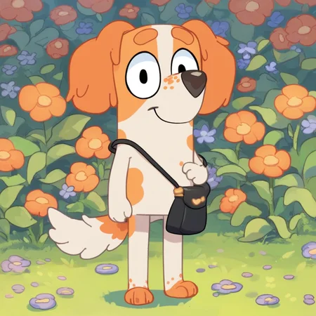 score_9, score_8_up, score_8, score_7, source_cartoon, Mia(B), Solo, 1girl, anthro, furry female, dog, dog girl, English setter, orange and white fur, black eyes, thick eyebrows, black nose, dog ears, dog tail, shoulder strap, handbag, looking at viewer, full body, smiling, standing, flower field background