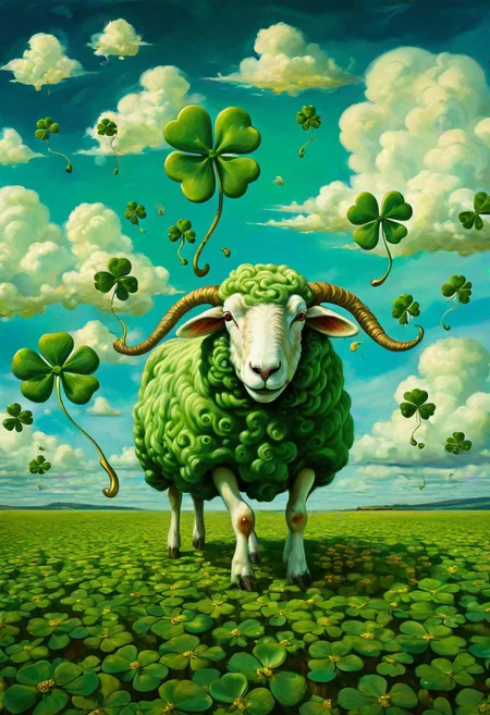 giant shamrock field, sheep with oversized heads, floating in the sky, swirling clouds, melting clocks, vibrant colors, whimsical, dreamlike, inspired by Salvador Dali