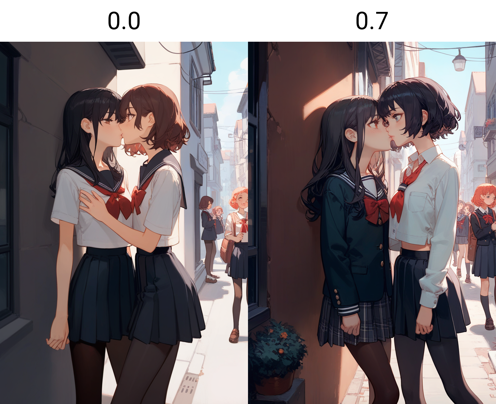 ciloranko, 2girls, skinny, pantyhose, school uniform, standing, simple background, yuri, height difference, busty, flat chest, upper body, crowded street, kissing, wall, alleyway <lora:cfg_scale_boost:0.0>