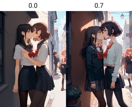 ciloranko, 2girls, skinny, pantyhose, school uniform, standing, simple background, yuri, height difference, busty, flat chest, upper body, crowded street, kissing, wall, alleyway <lora:cfg_scale_boost:0.0>