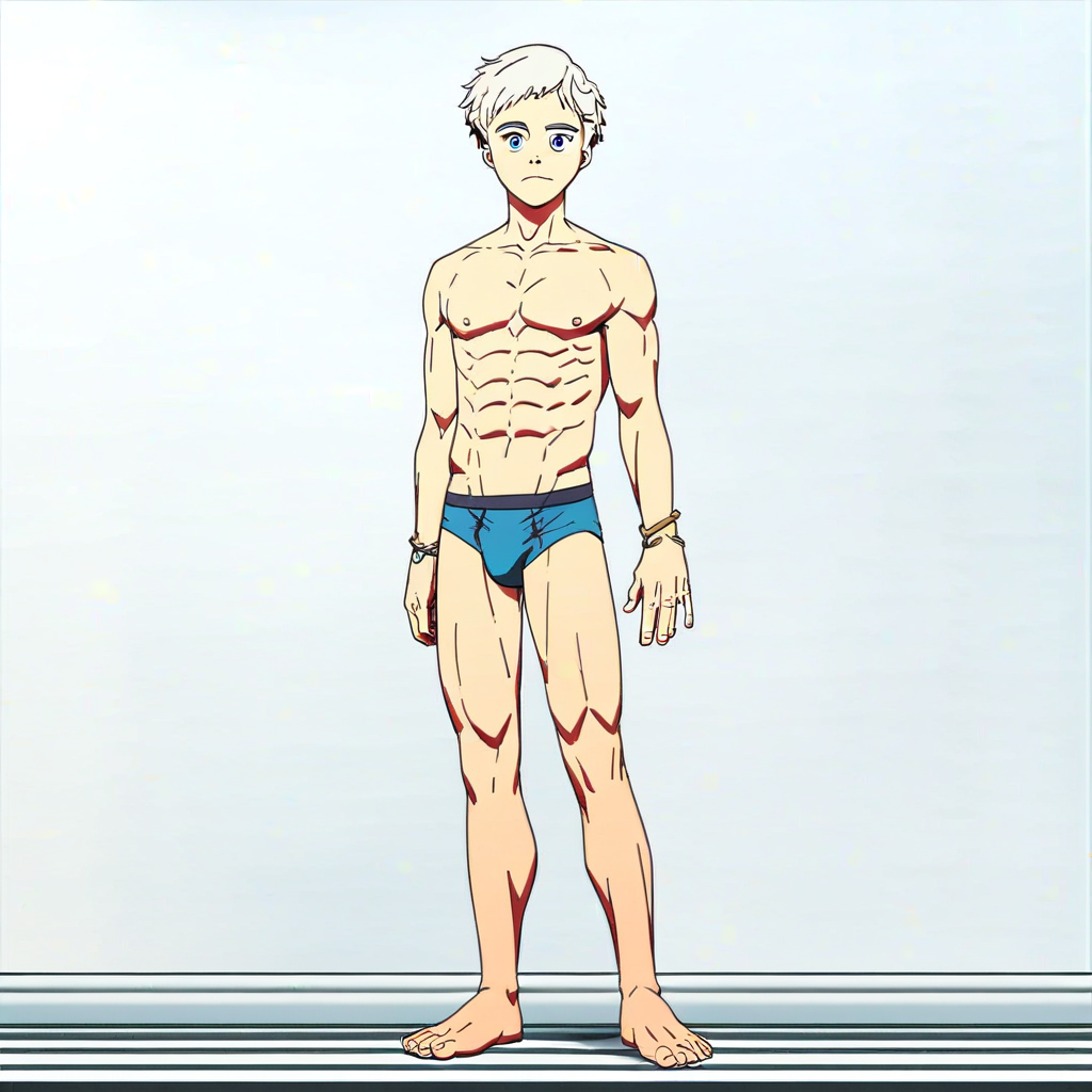 Norman, 1boy, solo, male focus, white hair, blue eyes, short hair, grey hair, swimsuit, male swimwear, abs, bracelet, speedo, topless male,  score_9, score_8_up, score_7_up, score_6_up <lora:vinceteaa_020_04v2-step00000400r:1> good face, good eyes, looking at viewer, full body,