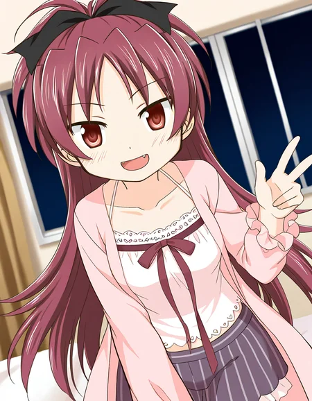 masterpiece, best quality, newest, absurdres, highres, safe, 1girl, sakura kyoko \(pajamas costume\), magia record: mahou shoujo madoka magica gaiden, smile, open mouth, solo, night, indoors, dutch angle, <lora:sakura_kyoko_noobaiXLNAIXL_vPred10Version:0.7>