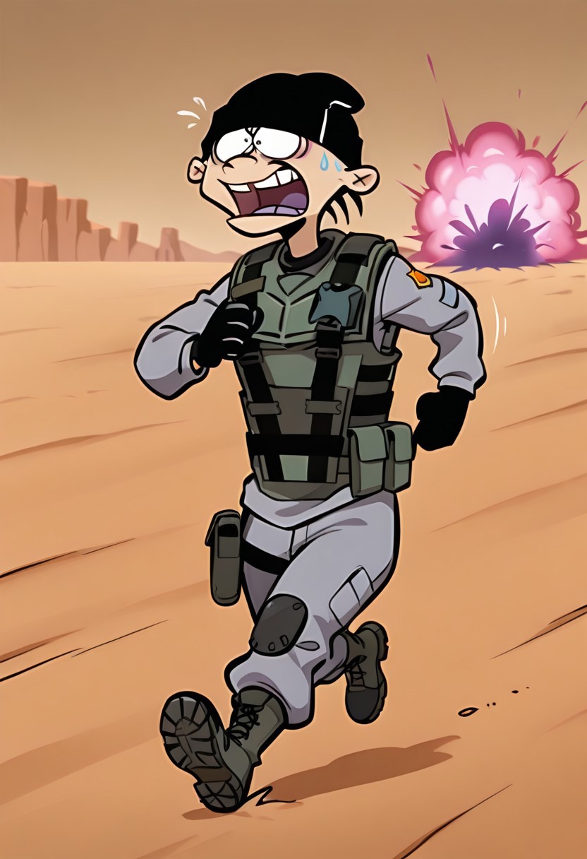 masterpiece, best quality, absurdres, eddboi, MIAmr, sockhead, black beanie, bulletproof vest, load bearing vest, grey shirt, black gloves, grey pants, combat boots, desert background, open mouth, running, motion lines, explosions