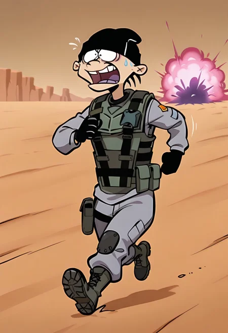 masterpiece, best quality, absurdres, eddboi, MIAmr, sockhead, black beanie, bulletproof vest, load bearing vest, grey shirt, black gloves, grey pants, combat boots, desert background, open mouth, running, motion lines, explosions