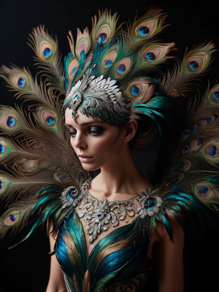 ral-feathercoat, a woman in a black and white dress with a peacock feather headdress <lora:ral-feathercoat-sdxl:1> black background, dim warm backlight, ring light