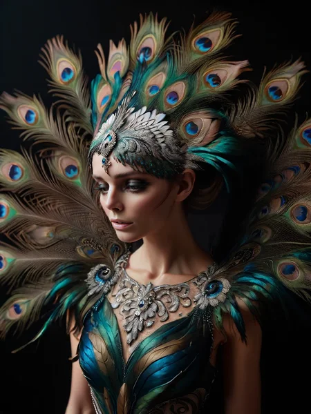 ral-feathercoat, a woman in a black and white dress with a peacock feather headdress <lora:ral-feathercoat-sdxl:1> black background, dim warm backlight, ring light