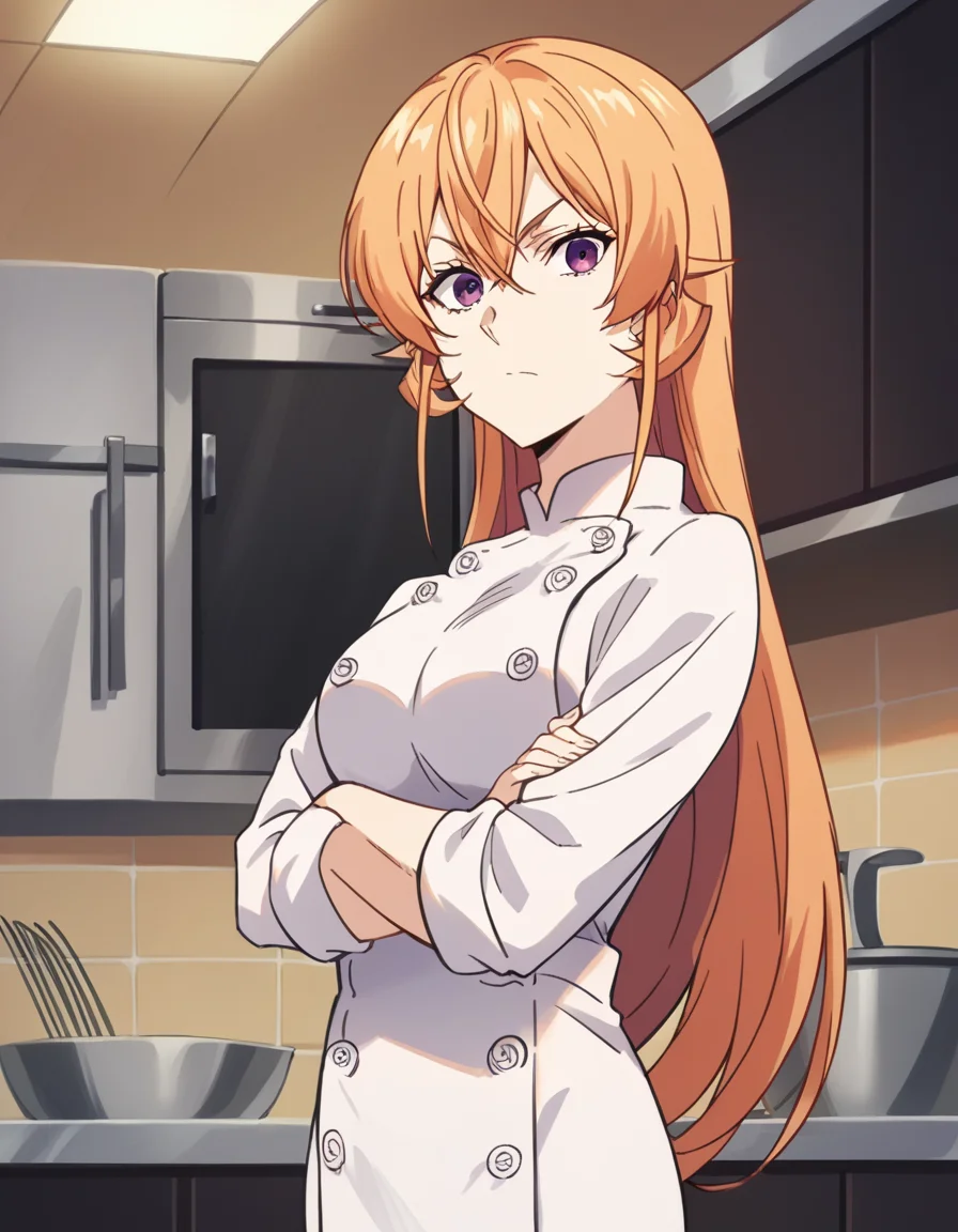 score_9, score_8_up, score_7_up, source_anime,
erinanakiri, <lora:erina-nakiri-s1-ponyxl-lora-nochekaiser:1>,
erina nakiri, long hair, orange hair, purple eyes, hair between eyes,
pants, white pants, chef, long sleeves, sleeves rolled up,
indoors, kitchen, crossed arms,
looking at viewer, cowboy shot, dutch angle, solo,