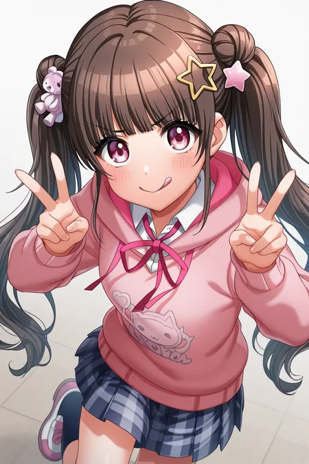 masterpiece, best quality, amazing quality,
<lora:Michiru_IL:1> michiru, 1girl, skirt, twintails, tongue, hair ornament, tongue out, long hair, hood, star hair ornament, v, looking at viewer, bangs, star (symbol), brown hair, solo, school uniform, plaid skirt, double v, pink hoodie, hoodie, shoes, pleated skirt, plaid, smile, pink eyes, casual