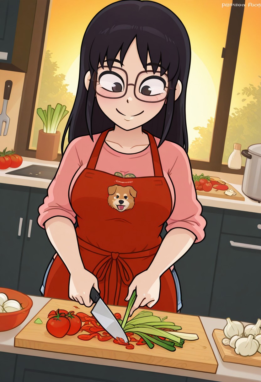 high res, extremely detailed, beautiful lighting, sunset, greenery,kitchen, 1female (blushed, smiling), apron, straight hair, black hair),glasses, dog shirt, shorts, dynamic angle, face closeup, cowboy shot, cutting vegetables (carrots, celery, garlic, onions,tomatoes, chopped vegetables), cutting board, pot, knife, looking down, view from floor