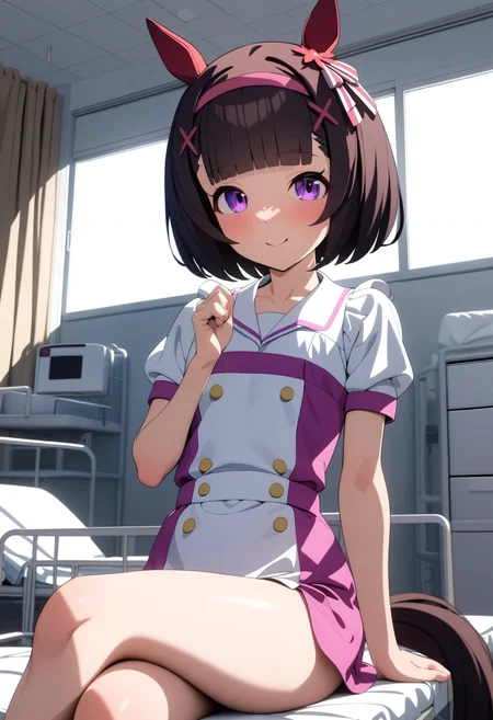 1girl, solo, NishinoFlower, horse girl, purple eyes, horse ears, horse tail, black hair, short hair, blunt bangs, x hair ornament, pink hairband, flat chest,nurse cosplay,smile,arm support,hospital room,from below,
<lora:sdxl-um-nishino:0.8>, masterpiece, best quality, very aesthetic, absurdres, highly detailed,Perfect features,Ray Tracing,newest,<lora:neg4all_bdsqlsz_xl_V7:1>,