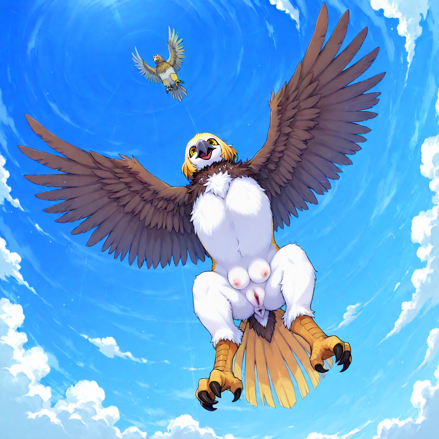 score_9, score_8_up, score_7_up, score_6_up, score_5_up, score_4_up, duo, 
Solo, feral, griffon, white skin, flying, 
medium crotchboobs, 
below view, full body shot,