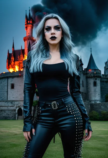 (Confident, strength, perky breasts, lips, long hair, gothic:1.2), Stunning female model. black leather pants. Spiked pauldrons. Gothic face paint. Standing in front of a gothic castle. Pyrotechnics in the background, bursts of flame . (((Screaming at the viewer))). Looking at viewer. Wet look hair. Studio quality dynamic lighting, portrait photography. 8k, RAW photo, best quality, ultra high res, intricate, photorealistic, masterpiece, ultra-detailed, crisp.