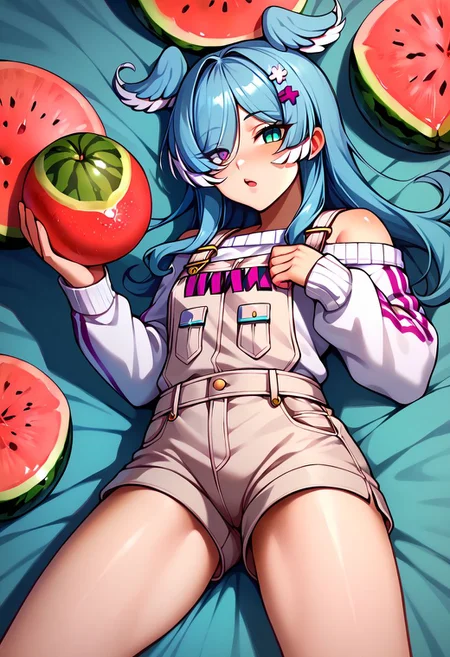 score_9, score_8_up, score_7_up, uncensored, source_anime, 1girl, <lora:speliraPendoraXLPony:1> elira1st, long sleeves, overalls, white sweater, off shoulder, single glove, one eye covered, overall shorts, melon, doily, food, fruit, melon