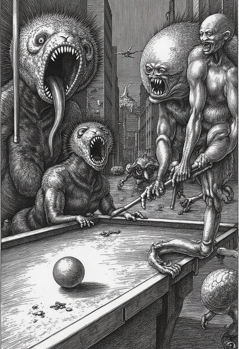 engraving in the style of yfg-durer, Surrealistic illustration with exaggerated, monstrous billiard balls, detailed textures and colors, cityscape in the background with blurred motion effects, sharp teeth and menacing expressions, scattered debris on the street, intense lighting creating dramatic contrasts, and a sense of impending danger and movement.