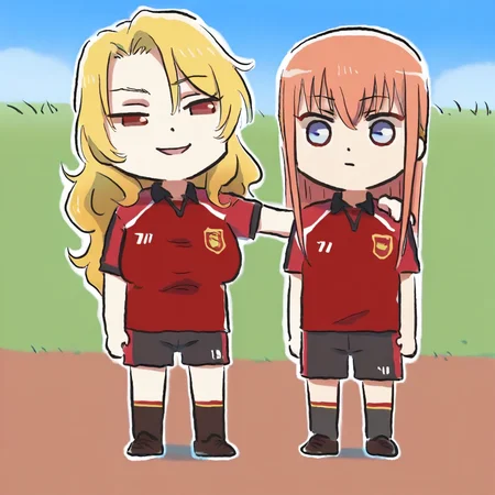 masterpiece, amazing quality, 2girls, MayaCordelia, AliciaViewstream, side by side, hand on another's shoulder, evil smile, outdoors, short sleeves, soccer uniform, shorts, grass, xinzoruo, chibi, full body, <lora:Maya&Alicia-ilxl:0.5>, <lora:XinzoruoStyle2_AnimagineXLv3:0.5>