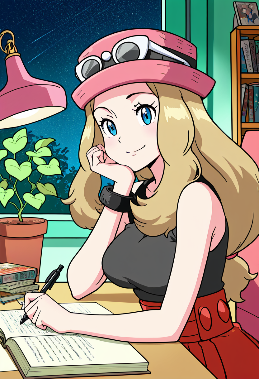 masterpiece, best quality, medium breasts, (curvy),   BREAK,  zzSerena, solo, long hair, blue eyes, eyewear on headwear, pink headwear, eyelashes, sleeveless shirt, black shirt, bracelet, high-waist skirt, <lora:SerenaPokemonIXL_v2:1.0>,zzLofi, sitting, side view, desk, chair, book, bookshelf, head rest, holding, holding pen, lamp, night, open book, pen, plant, potted plant, sky, star (sky), starry sky, window, windowsill, writing,   ,    <lora:LofiGirl_Style_IXL:1.0>, (upper body), looking at viewer, smile,