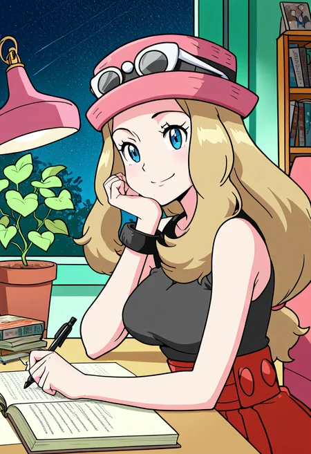 masterpiece, best quality, medium breasts, (curvy), BREAK, zzSerena, solo, long hair, blue eyes, eyewear on headwear, pink headwear, eyelashes, sleeveless shirt, black shirt, bracelet, high-waist skirt, <lora:SerenaPokemonIXL_v2:1.0>,zzLofi, sitting, side view, desk, chair, book, bookshelf, head rest, holding, holding pen, lamp, night, open book, pen, plant, potted plant, sky, star (sky), starry sky, window, windowsill, writing, , <lora:LofiGirl_Style_IXL:1.0>, (upper body), looking at viewer, smile,