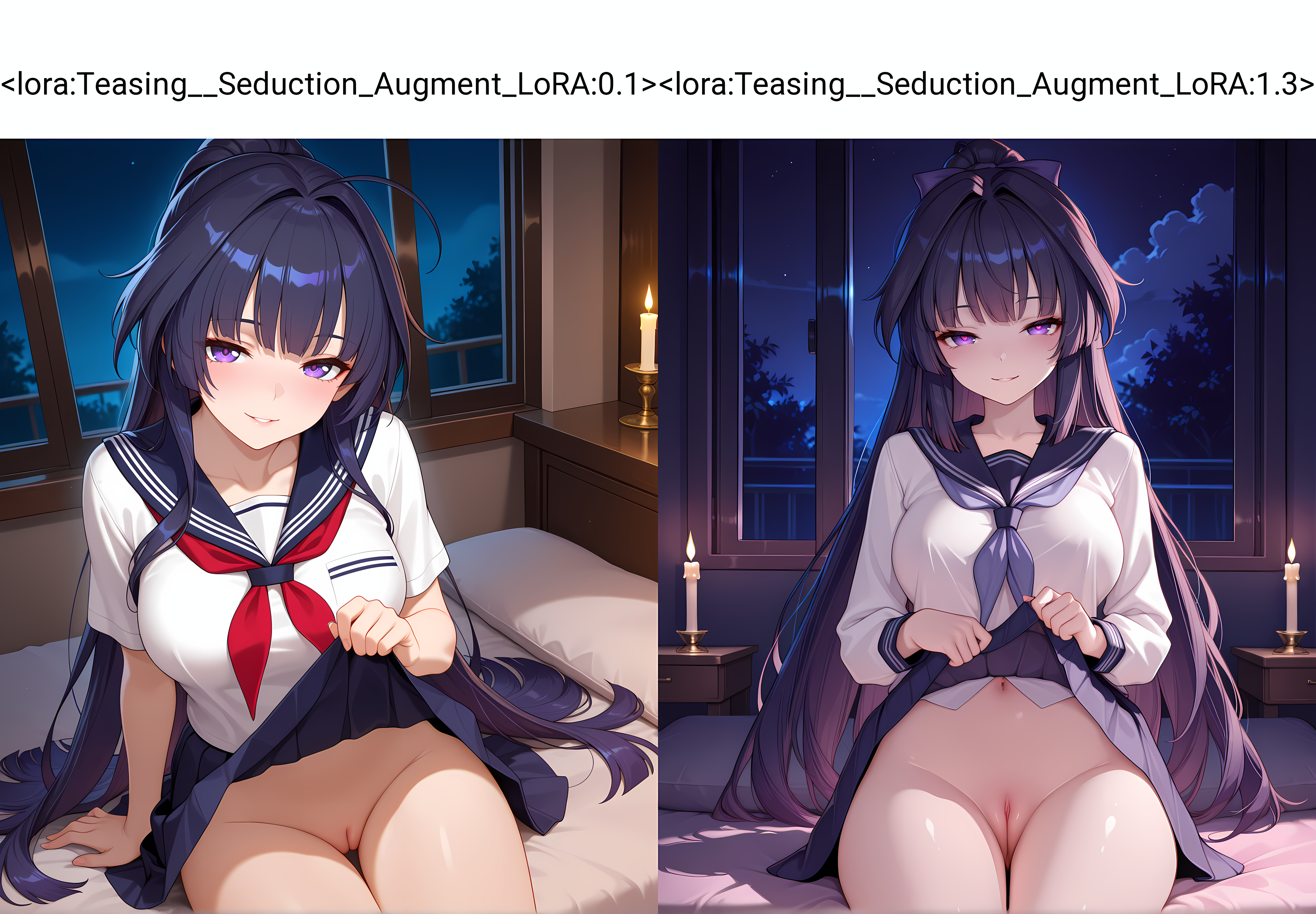 <lora:Teasing__Seduction_Augment_LoRA:0.1>,looking at viewer,solo,raiden mei,seductive smile,parted lips,night,candlelight,bedroom,cowboy shot,sitting,school uniform,no panties,uncensored,, masterpiece,best quality,amazing quality, very aesthetic, absurdres,detailed eyes,ultra-detailed,