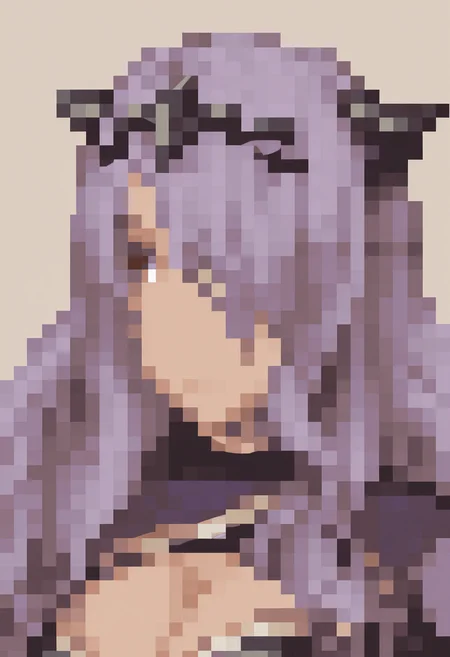 masterpiece, best quality, solo, 1girl, looking at viewer, <lora:FFT-Portraits-illus_Fp:1>, pixel art, portrait, simple background,<lora:fecamilla-illu-nvwls-v1:1>, dfCm, lavender hair, wavy hair, long hair, hair over one eye, black tiara, purple capelet, black armor, cleavage, gauntlets, gloves,