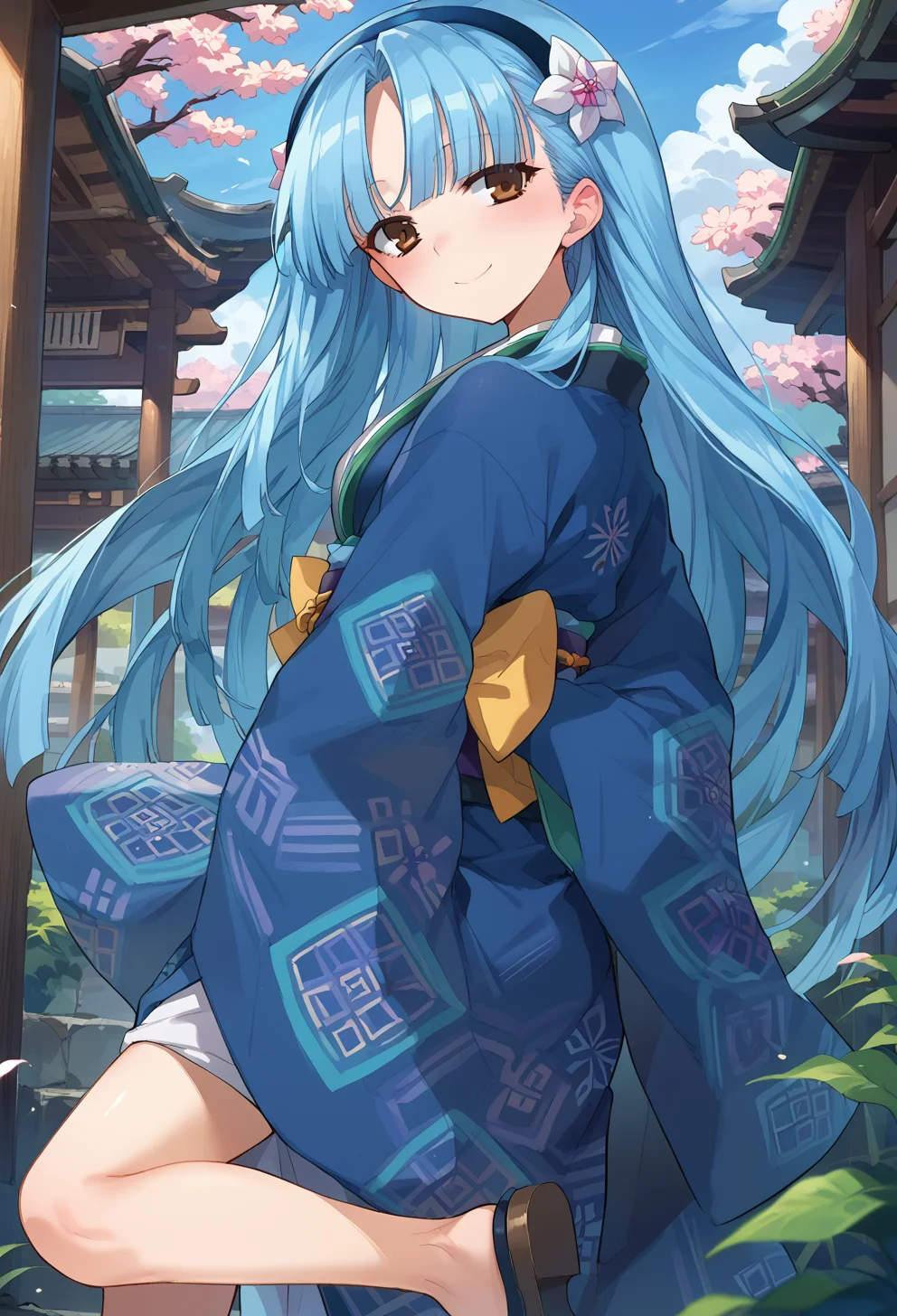 score_9, score_8_up, score_7_up, source anime, yukihime, 1girl, solo, long hair, blue hair, hairband, japanese clothes, kimono, brown eyes, smile, hair flower, blush, looking back, arm behind back, standing on one leg, <lora:yukihime-xl-pony-v1:1>,