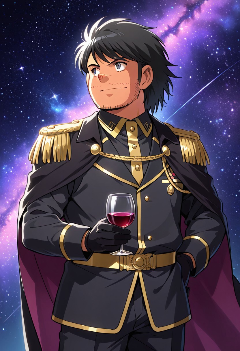 score_9, score_8_up, score_7_up, male_focus, solo, (( <lora:kira_kozo:1> , kira_kozo, piercing dark grey eyes, clear eyes, friendly eyes, wrinkle under eyes, short chubby body, slightly chubby face, fat but strong male, disgusting hairy male, round alcoholic nose, very lightly tanned skin, messy short black hair, messy short bangs, short stubble beard, creepy male, uncharismatic male, )) , BREAK black military uniform, collared suit, long sleeves, black cape, cosmic cape, black leather gloves, black pants, gold embroidery, patterned clothing, gold trim, gold buttons, gold epaulettes, looking to the side, holding a glass of wine, BREAK outer-space, blue gradient, purple gradient, starry background, detailed background, purple cosmic spiral background,