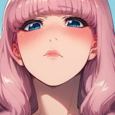 score_9,score_8_up,score_7_up,score_6_up, nerobasta, solo, blue eyes, pink hair, 1girl, blush, long hair, close-up, closed mouth, blue background, lips, bangs