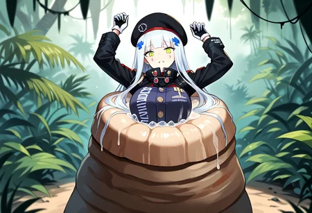 NSFW, looking down, masterpiece, best quality, amazing quality, very aesthetic, score_9,score_8_up, score_7_up, score_6_up, BREAK, official art, solo, outdoors, upper body, (portrait:1.5), looking at viewer, facing viewer, blush, hk416 (girls' frontline), hat,beret, black headwear, very long hair, white hair, x hair ornament, sidelocks, blunt bangs, green eyes, facial mark, teardrop, military jacket, purple jacket, clothes writing, uniform, white gloves, long sleeves, black sleeve, german flag, large breasts, skindentation, <lora:HK416(gf)-Pony:1.3>, (score_9, score_8_up, score_7_up, score_6_up, score_5_up, score_4_up), source_anime,<lora:vore_lower_body-2:1>, slime creature, restrained, vore, Like like, monster, <lora:Like like illus:1>, up to chest, arms raised up, (jungle:1.2), (blushing), looking down, palmtree blurry background depth of field, (from above:1.3),