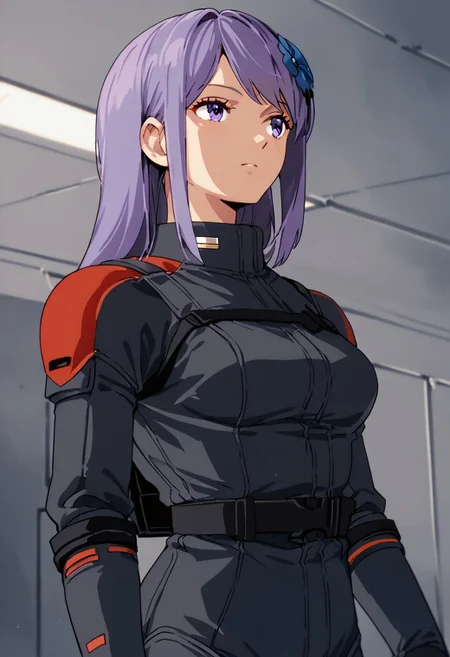 zPDXL3, asano_ruri, purple eyes, long hair, purple hair, hair ornament, virtual youtuber,bangs,hair flower, bridal gauntlets,medium breasts,black spacesuit, black gloves,