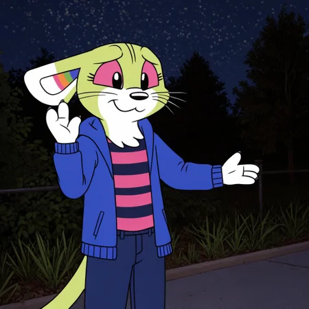 solo, 1girl, eve ill, female, furry, mouse, 3 whiskers, 4 fingers, multicolored ears, pink eyes, green fur, tail, 8k photograph, raw photograph, hyperrealism, extremely detailed, ultra high resolution, wrinkles, jowls, shirt, striped shirt, pants, blue jacket, outdoors, night
