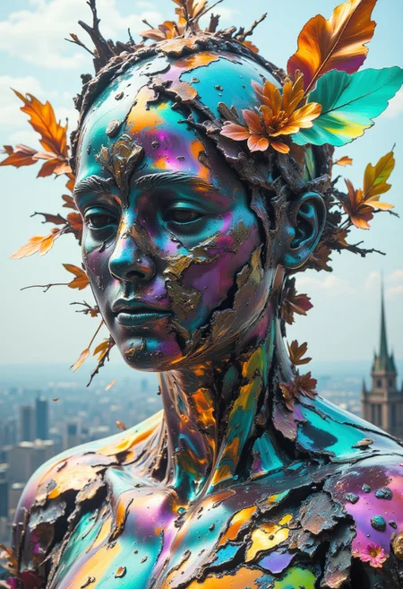 A surreal abstract collage fantasy artwork of a sculpture inspired by Michelangelo's "David," but with a manipulated photographic effect. The sculpture retains the classic form of "David," with detailed musculature and facial features, yet parts of the body are fragmented and blended with vibrant collages. These collages include distorted, torn photographs, geometric shapes, and abstract textures that emerge from the stone, blending the classical with the surreal. Fragments of transparent, dreamlike figures, fragmented landscapes, and reflective glass shards are layered across the sculpture. The color palette shifts dramatically, with bold blues, fiery oranges, neon greens, and purples, contrasting against the natural stone texture of the figure. The background features a hazy, ethereal sky and fractured landscapes, enhancing the dreamlike quality. The figure of "David" becomes both solid and fragmented, merging reality with fantasy in a chaotic yet visually striking composition.
