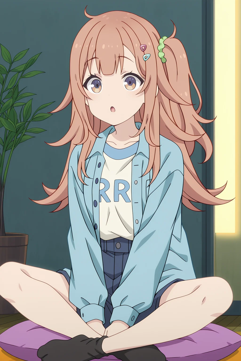 volumetric lighting, official style, amazing quality, ultra detailed, highres, detailed background, anime screenshot, anime screencap, anime coloring, masterpiece, detailed face,1girl <lora:Shinon_Ogawa__-20:0.9> Shinon Ogawa, Shinon Ogawa(Outfit 2), solo, sitting, hair ornament, long hair, orange hair, one side up, purple and orange eyes, socks, :o, white shirt with blue letters, indoors, looking at viewer, blue open collared shirt, scrunchie, bangs, shorts, hairclip, open clothes, hair scrunchie, plant, cushion, black socks, long sleeves, no shoes, potted plant, green scrunchie, on floor