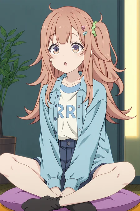 volumetric lighting, official style, amazing quality, ultra detailed, highres, detailed background, anime screenshot, anime screencap, anime coloring, masterpiece, detailed face,1girl <lora:Shinon_Ogawa__-20:0.9> Shinon Ogawa, Shinon Ogawa(Outfit 2), solo, sitting, hair ornament, long hair, orange hair, one side up, purple and orange eyes, socks, :o, white shirt with blue letters, indoors, looking at viewer, blue open collared shirt, scrunchie, bangs, shorts, hairclip, open clothes, hair scrunchie, plant, cushion, black socks, long sleeves, no shoes, potted plant, green scrunchie, on floor