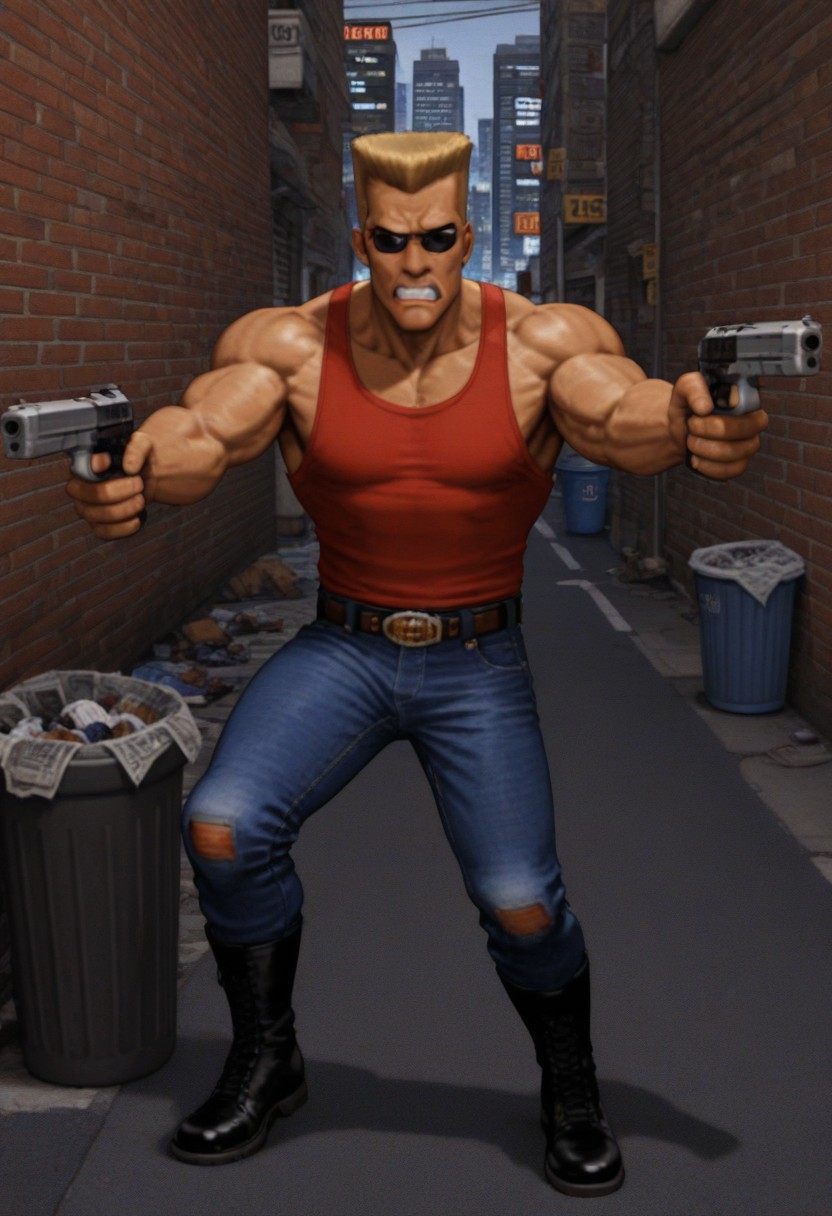 best quality, masterpiece, 
lowres, low quality, 
1boy, solo, male focus, 
full body, 
duke nukem \(character\), 
muscular male, 
blonde hair, very short hair, flattop, 
red tank top, denim pants, boots, belt, 
sunglasses, 
looking at viewer, scowl, clenched teeth, 
holding weapon, holding gun, handgun, aiming, 
outdoors, cityscape, street, brick, trash can