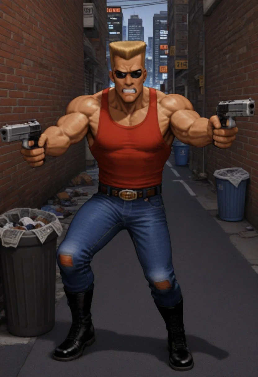 best quality, masterpiece,
lowres, low quality,
1boy, solo, male focus,
full body,
duke nukem \(character\),
muscular male,
blonde hair, very short hair, flattop,
red tank top, denim pants, boots, belt,
sunglasses,
looking at viewer, scowl, clenched teeth,
holding weapon, holding gun, handgun, aiming,
outdoors, cityscape, street, brick, trash can