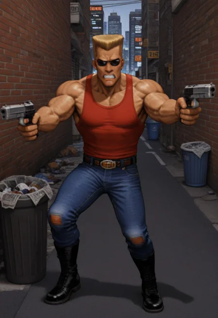 best quality, masterpiece, 
lowres, low quality, 
1boy, solo, male focus, 
full body, 
duke nukem \(character\), 
muscular male, 
blonde hair, very short hair, flattop, 
red tank top, denim pants, boots, belt, 
sunglasses, 
looking at viewer, scowl, clenched teeth, 
holding weapon, holding gun, handgun, aiming, 
outdoors, cityscape, street, brick, trash can