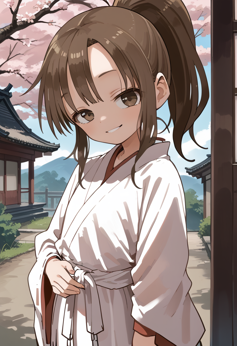 score_9,score_8_up,score_7_up,score_anime,cowboy_shot,<lora:yamamoto-mix-lyco-pony-v1:0.5>,1girl,<lora:Takagawa-Sumire_v2:0.7> ,Takagawa Sumire,high ponytail,brown hair,sidelocks,brown eyes,seductive_smile,japanese_clothes,miko,