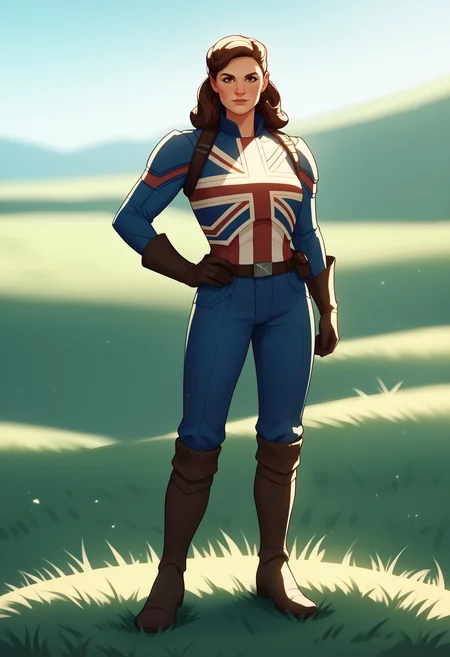score_9, score_8_up, score_7_up, score_6_up, score_5_up, score_4_up, BREAK,
1girl, peggycarter, brown hair, long hair, brown eyes, makeup,
armor, gloves, boots, blue pants,
hand on hips, looking at viewer, standing, full body, looking at viewer, solo, outdoors, grass, blue sky, meadow background <lora:CaptainCarterXL:1>