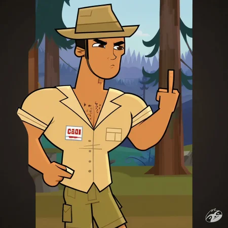 score_9, score_8_up, score_7_up, score_4, score_5, score_6, dynamic view, dynamic pose, High Quality, perfect body, cartoon source, break
Diego Olivo, 1boy, solo, tanned skin, brown eyes, chest hair, muscular, Big chest, Big pecs, thick eyebrows, hat, ochre shirt, olive green shorts, annoyed, sticking out middle finger, break, focus in face, Upper body,
Forrest, sunny, blue sky