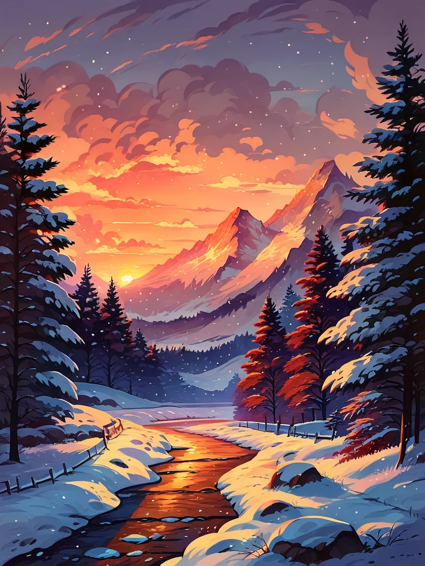 score_9, score_8_up, score_7_up, score_6_up, score_5_up, <lora:snowXLP:0.8> snow, winter, tree, outdoors, scenery, no humans, sky, cloud, bare tree, sunset, nature, fence, mountain
