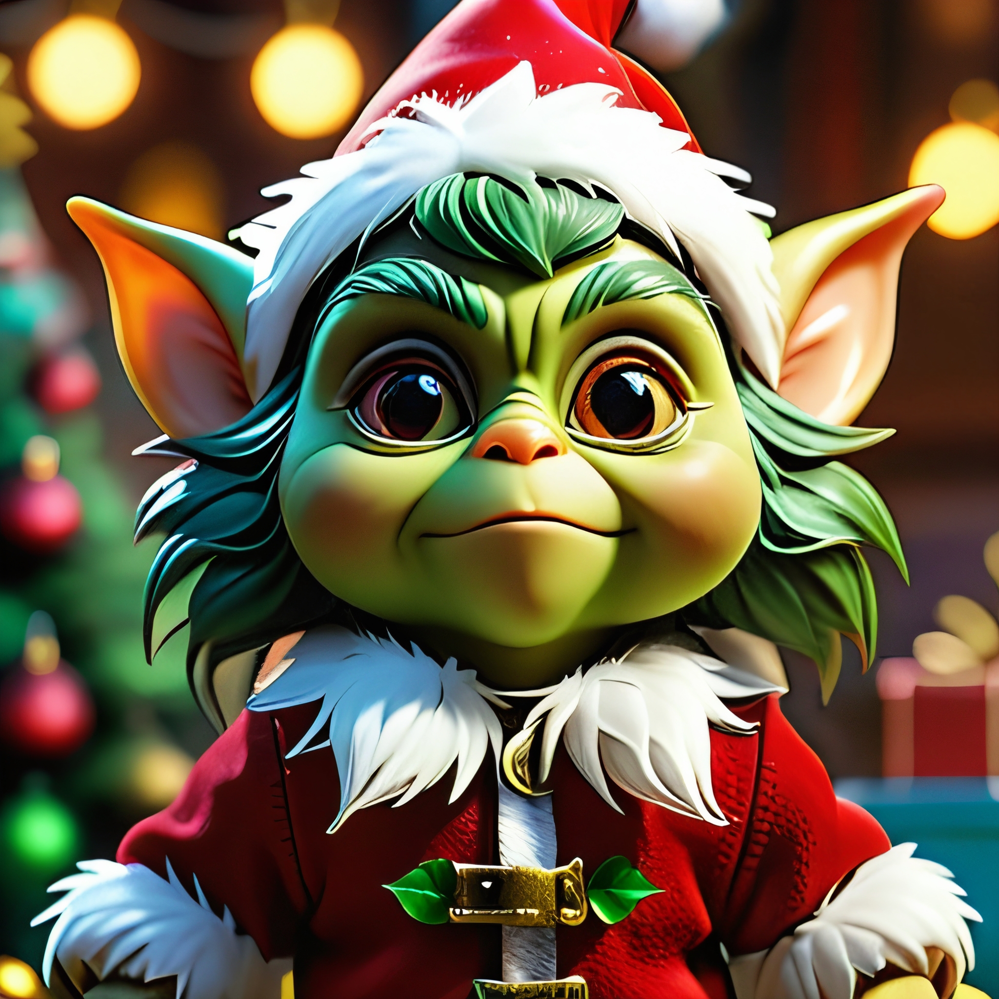 masterpiece, intricate photo, christmas gremlin, background kids elven toy factory at the north pole, christmas tree, festively decorated, christmas gifts, photo realistic, hyper realistic, highly detailed, sharp focus, best quality, high resolution, colorful, vibrant colors, studio lighting, 8K